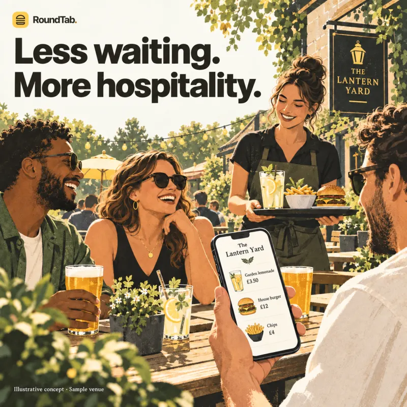 Illustration of adult friends talking in the fictional Lantern Yard beer garden while a server brings food and drinks. A phone shows a conceptual sample menu.